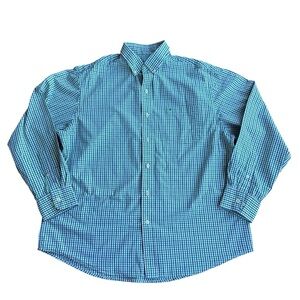 MENS IZOD BLUE GREEN PLAID LONG SLEEVE BUTTON FRONT DRESS SHIRT EASY CARE XL